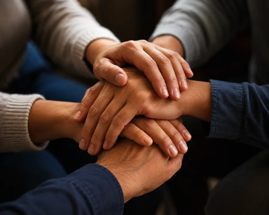 Mãos unidas em gesto de cuidado e apoio